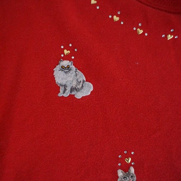 Vintage Jerzees Red Cat Kitten Embroidered Sweatshirt Grandma Chic Kitschcore M - Picture 9 of 11